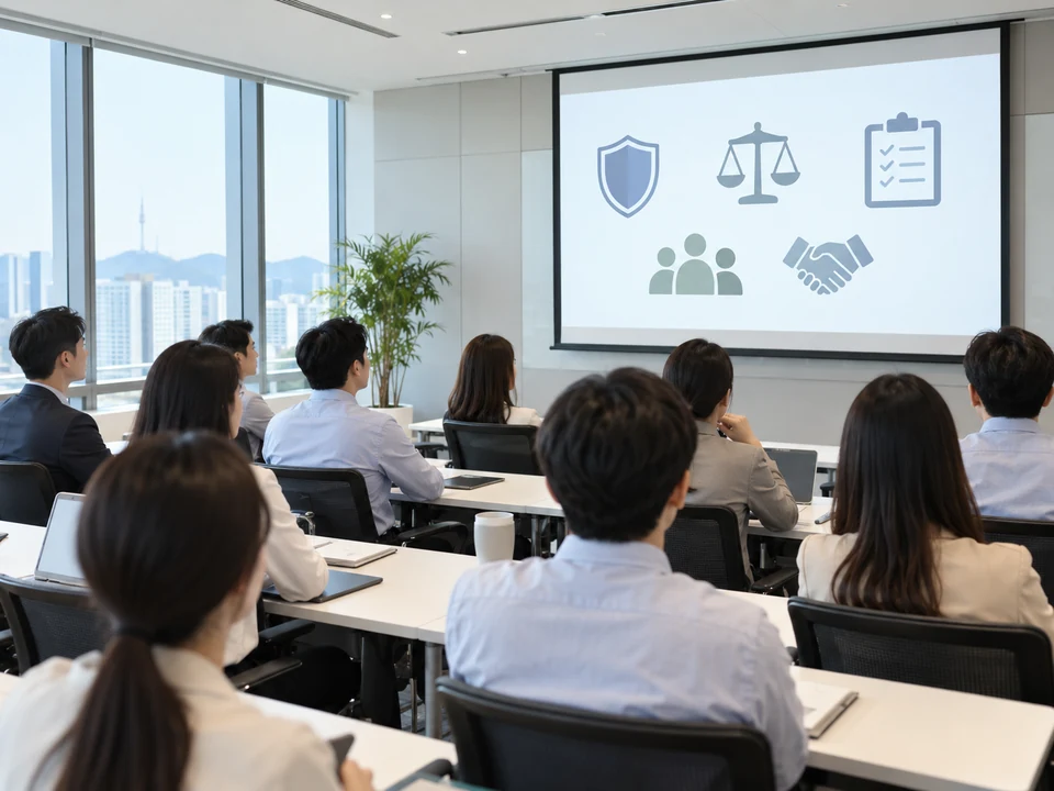 방패·저울·체크리스트 도식이 보이는 스크린을 바라보는 교육 참석자들