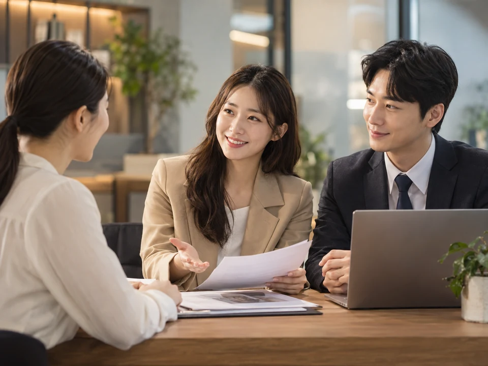 자료와 노트북을 두고 고객과 상담하는 직원들